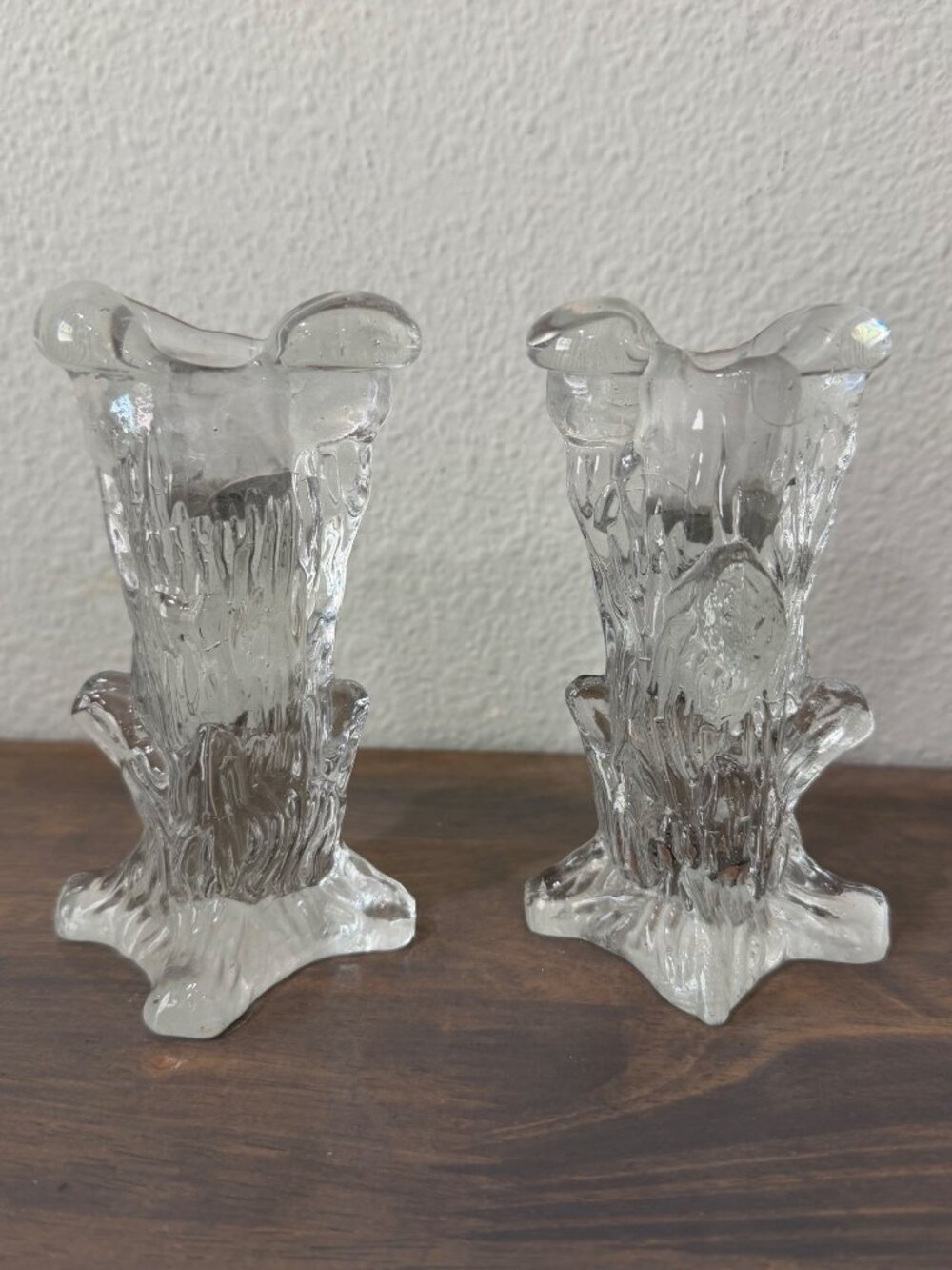 Set of 2 Vintage Scandinavian Glass Candle Holders Tree Stump Shape Great Condit